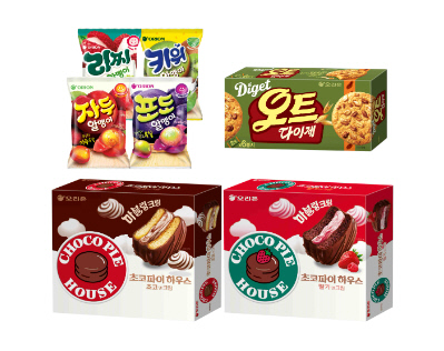 오리온 초코파이하우스·마이구미 알맹이·오트 다이제 제품 이미지. 오리온 제공